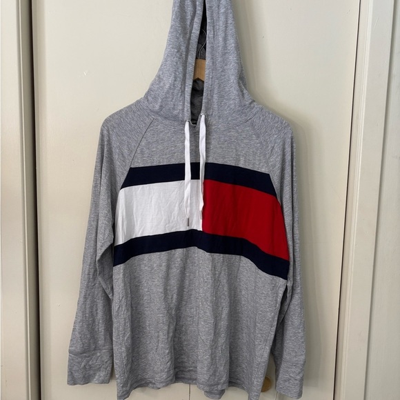 Tommy Hilfiger Men's Gray Shirt Hoodie with Red and White Stripes - Picture 1 of 4